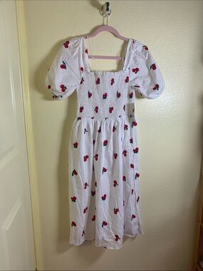 NWT Ana Rose White Cherry-Print Puff Sleeve Midi Dress, Size M